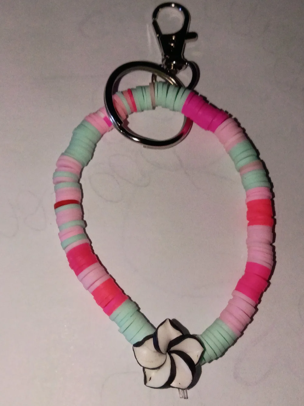 Handmade Pink & Mint Beaded Floral Keyring Bracelet